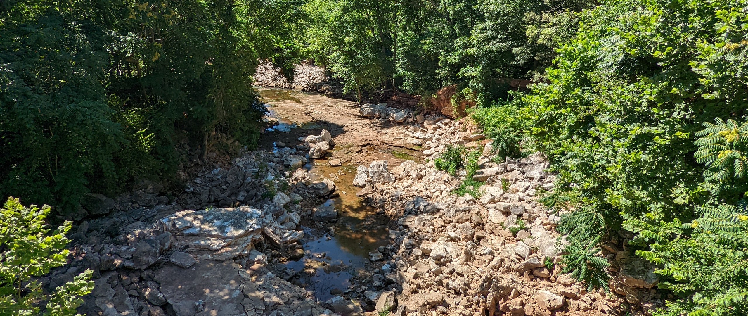 A view from over the award winning bridge that is on the trail. It's a creek bed that is very dry and very rocky.
