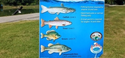 A fishing sign posted at JB Hunt Park. It lists the 4 types of fish you might catch: Bass, Catfish, Trout, and Bream. It also has the limit of each posted (catch and release, 3, 5, and 25 respectively).
