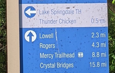 A sign showing the distance of several way points along the greenway trail system.